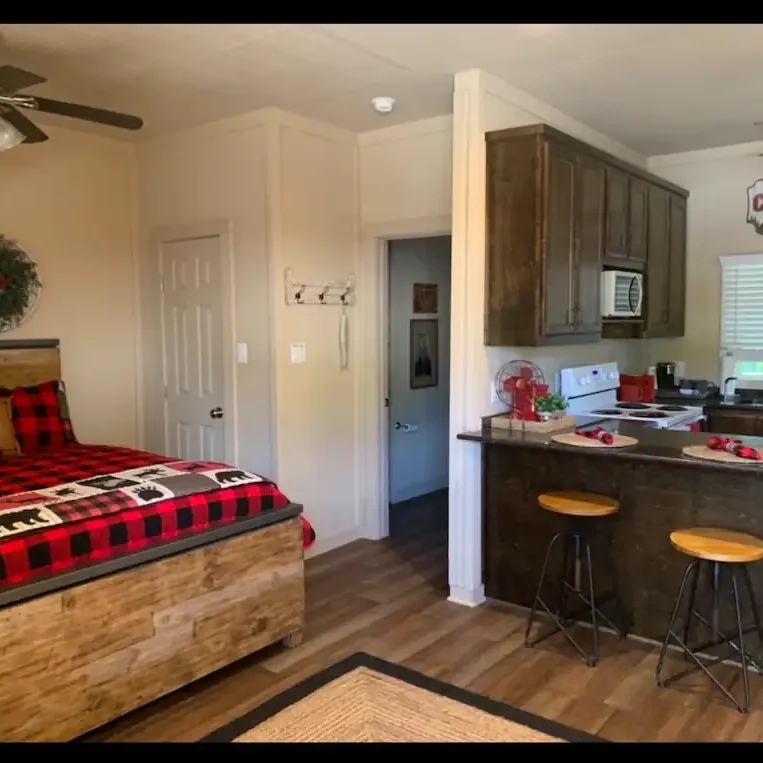 A bedroom with a bed, kitchen and living room.